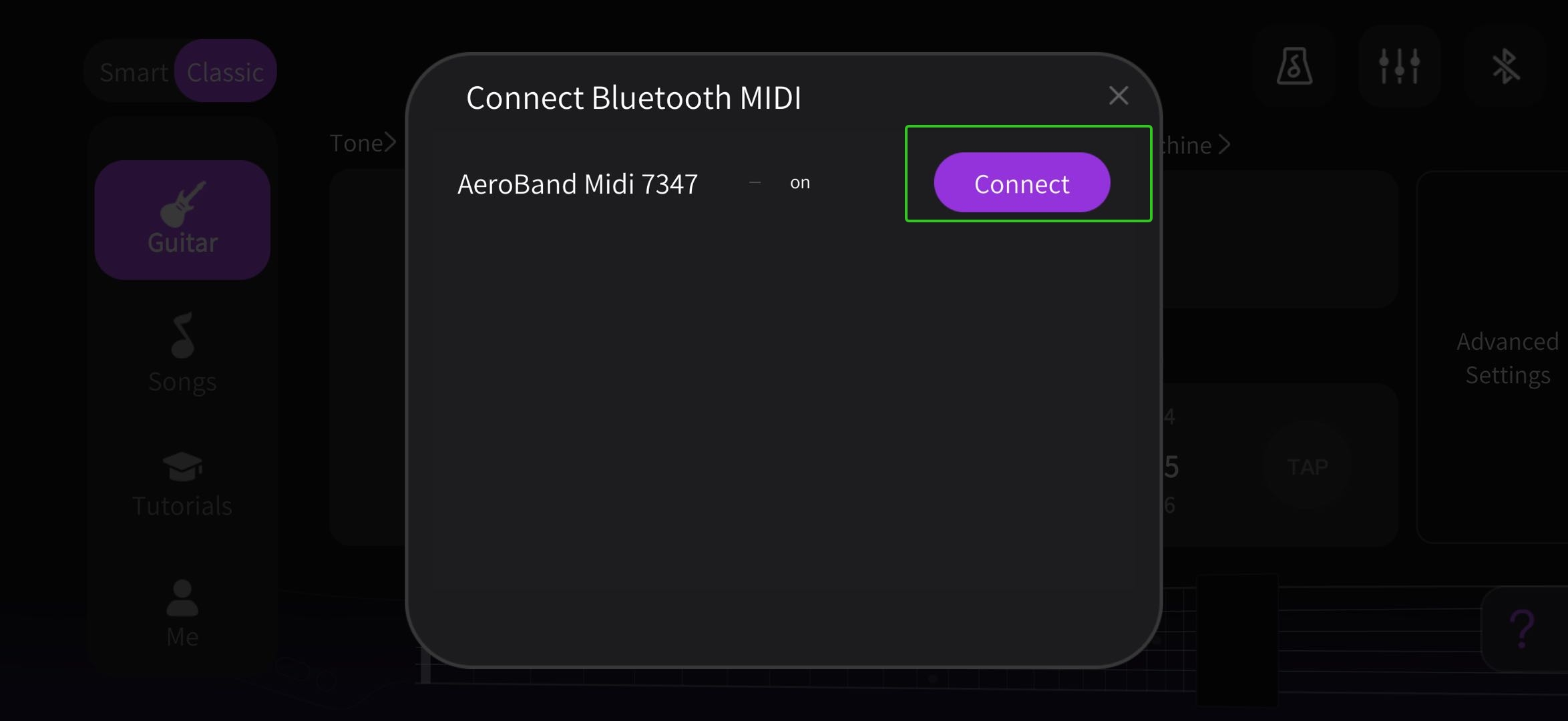 1. Open the guitar app. Connect your AeroBand Guitar with Bluetooth. 2.jpeg