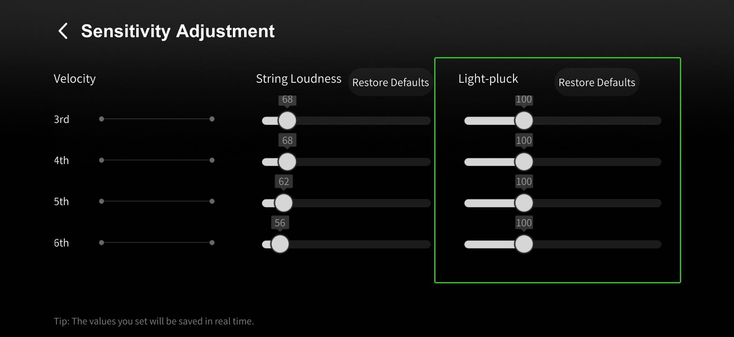 3. Adjust individual string sensitivity (default- 100) to 20-30 for optimal MIDI tracking stability.  .jpeg