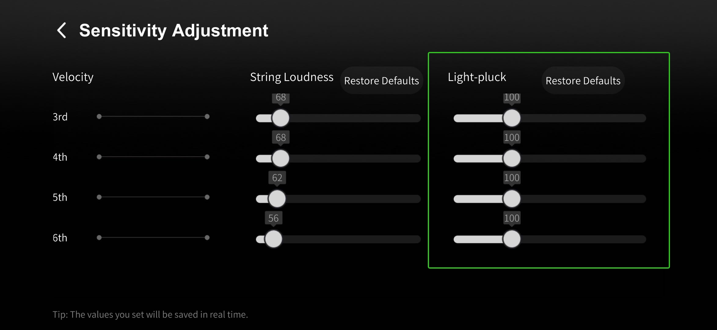 3. Adjust individual string sensitivity (default- 100) to 20-30 for optimal MIDI tracking stability.  .jpeg