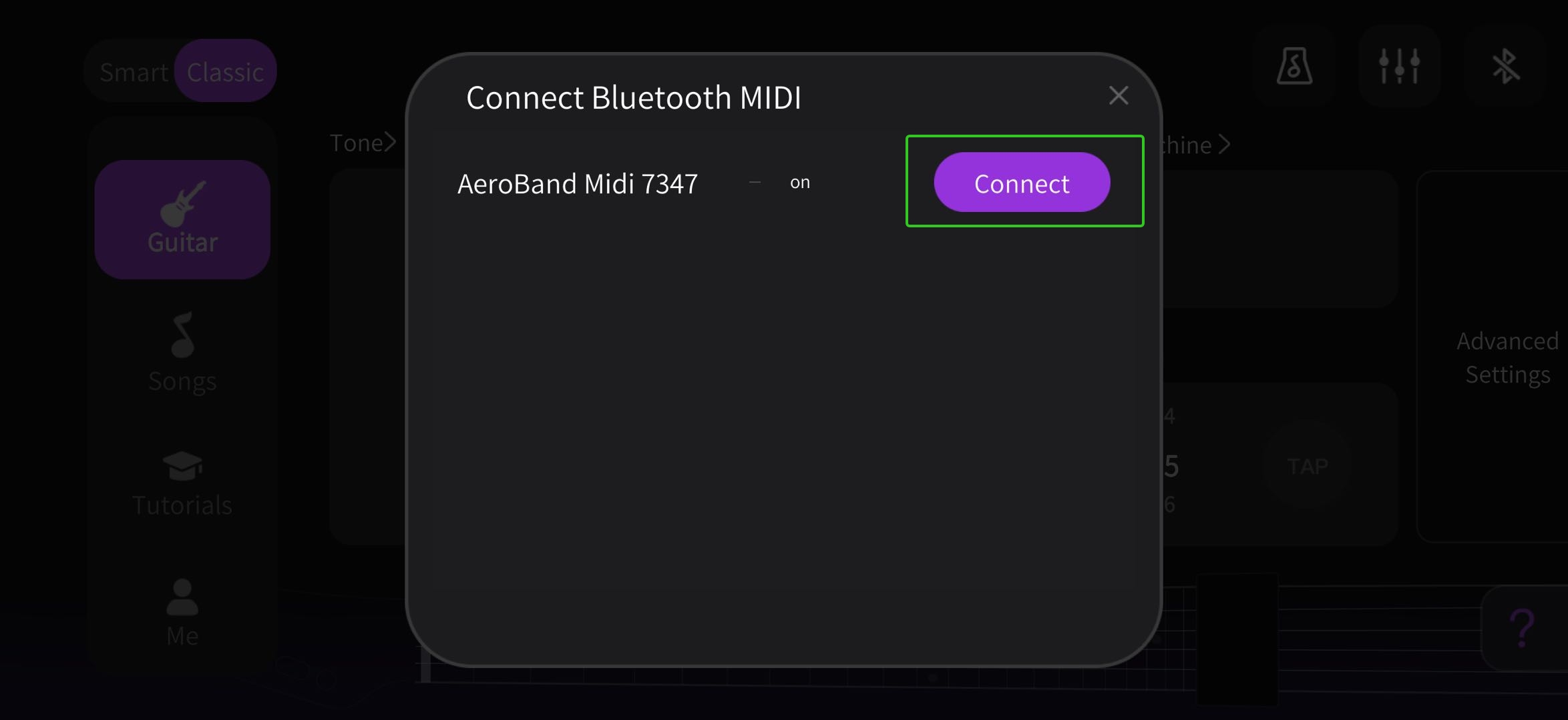 Power on the guitar, enable Bluetooth and location in the app, then tap the upper-right Bluetooth icon and select _Connect_.  2.jpeg