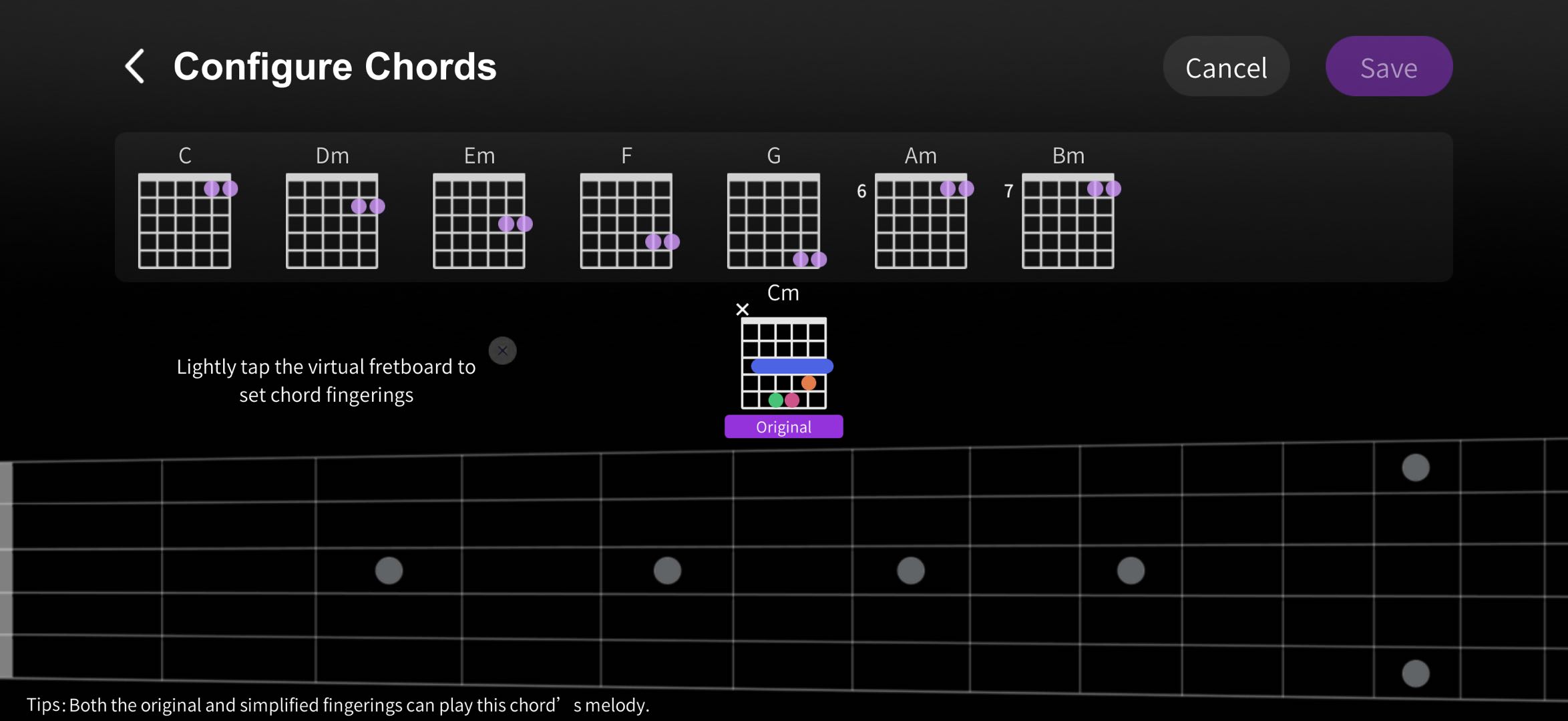 2. Connect via Bluetooth, turn on the "SimplifyChord" button, and set up your preferences in the guitar panel's SimplifyChord section.  3.jpeg
