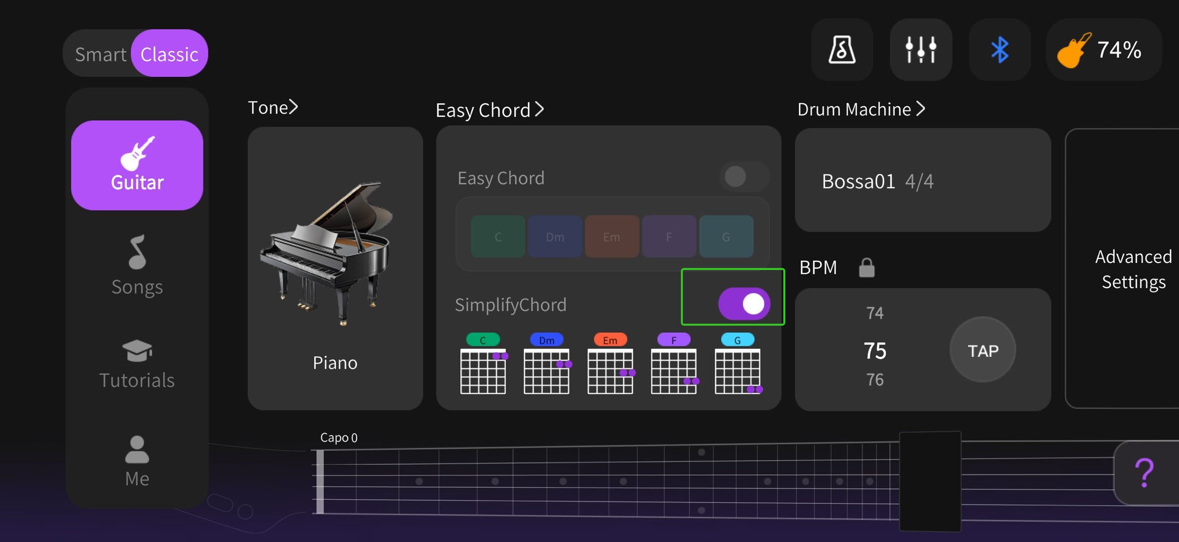 2. Connect via Bluetooth, turn on the "SimplifyChord" button, and set up your preferences in the guitar panel's SimplifyChord section.   1.jpeg