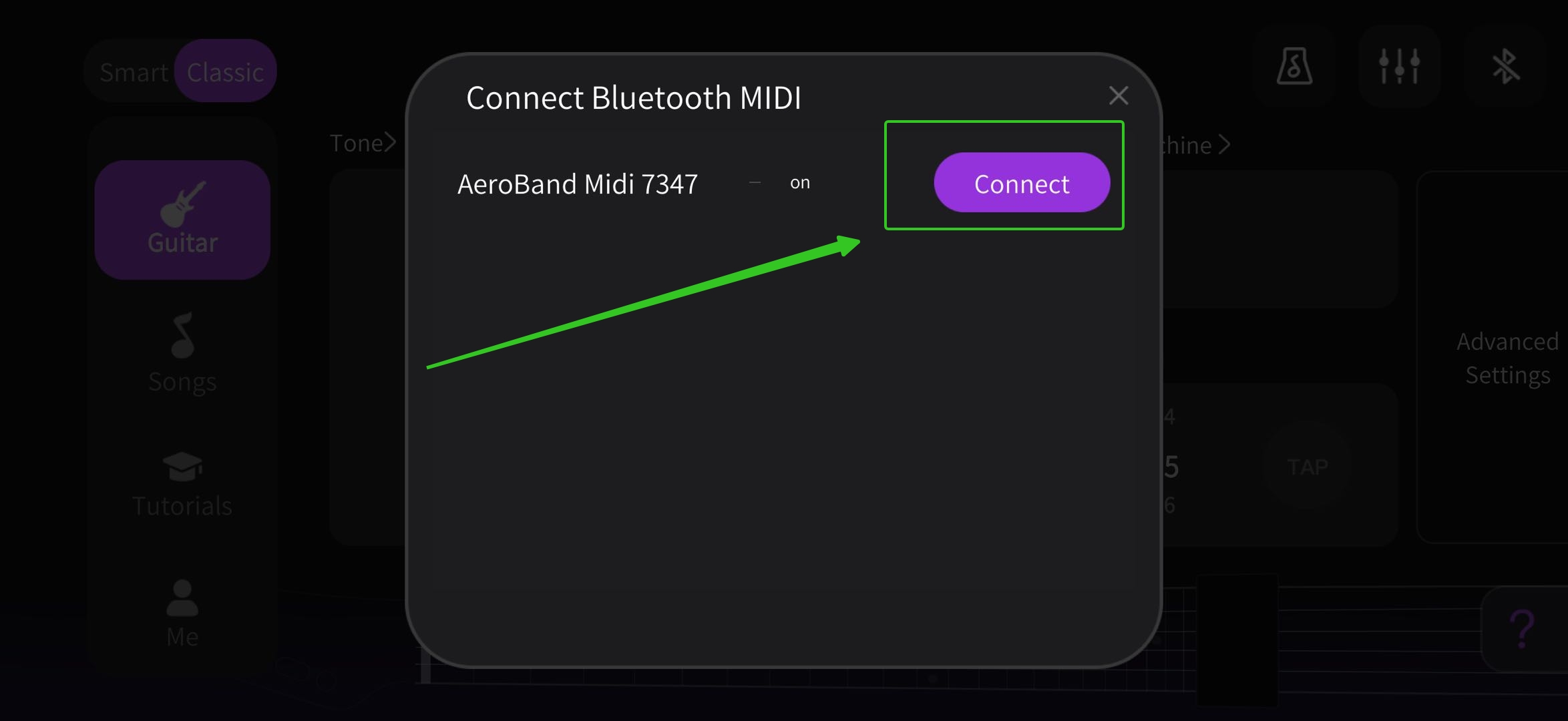    2. Open the app and connect to your AeroBand Guitar via Bluetooth.  2.jpeg