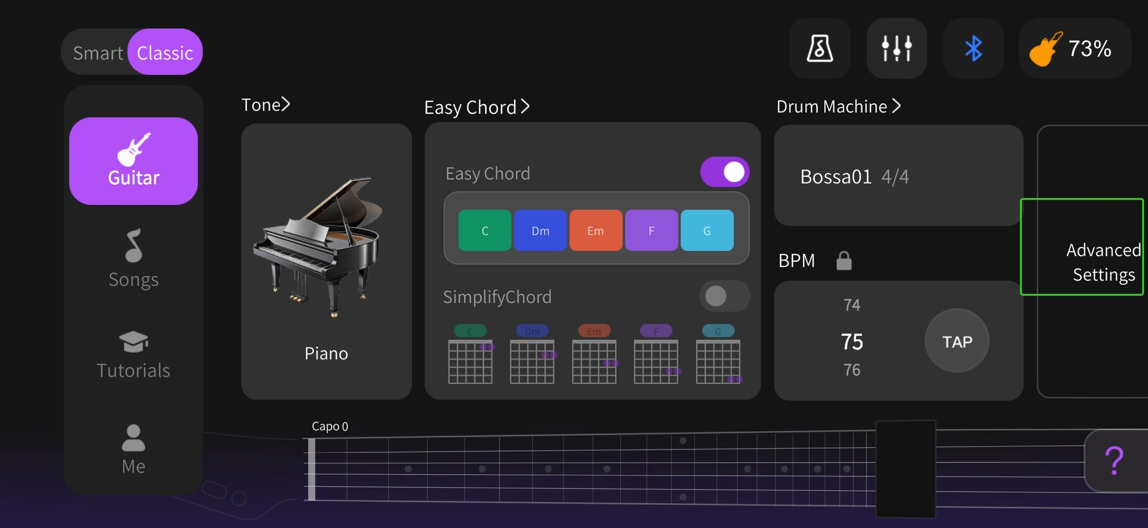 1.1 Connecting the AeroBand Guitar to the app, tap "Setting".  .jpeg